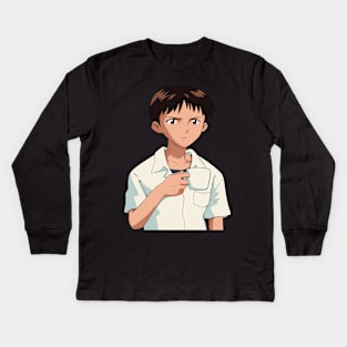 Shinji Holding a Mug HD Restored image Neon Genesis Evangelion Kids Long Sleeve T-Shirt